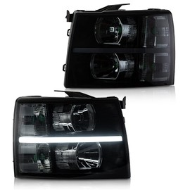 G-PLUS LED DRL Headlights, Compatible with 2007-2014 Chevy Silverado 2500 3500 & HD/2007-2013 Silverado 1500, Driver Side & Passenger Side, Smoky lens Black Housing Clear Reflector