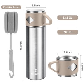 Stainless Steel Thermo 700ml/23.7oz Vacuum Insulated Bottle with Cup for Coffee Hot drink and Cold drink water flask.(Brown,Single)