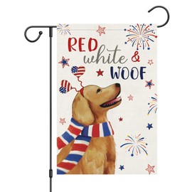 Louise Maelys 4 of July Garden Flag Golden Retriever Dog Red White and Woof Independence Day 12x18 Inch Double Sided Stars and Stripes Small Burlap Yard Sign Outside Outdoor House Decor