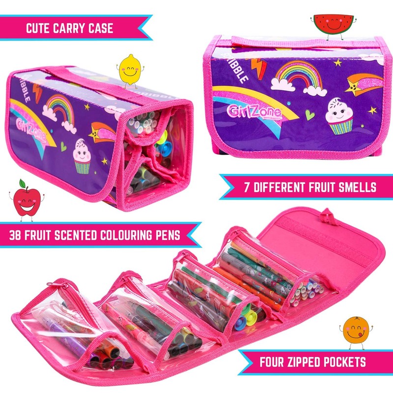 GirlZone Fruit Scented Markers Set with Case, 38 Vibrant Colors,