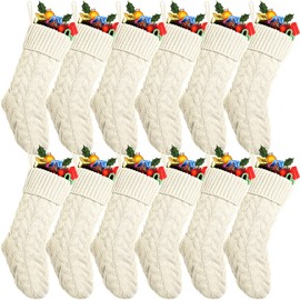 Vinsot 12 Set Christmas Stockings 18 Inches Big Cable Knitted Stockings Xmas Large Size Fireplace Stocking for Family Party Decoration (Ivory)