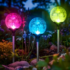 GIGALUMI Solar Garden Lights 3 Pack, Solar Lights Outdoor Decorative Waterproof, Outdoor Solar Lights for Yard Decorations, Multi-Colored Changing Garden Globe Cracked Glass Ball with LED Lights