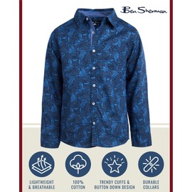 Ben Sherman Boys' Dress Shirts - 2 Pack Long Sleeve Button Down Shirts with Chest Pocket - Collared Shirts for Boys (8-18), Size 18, Blue Circle Navy Flower