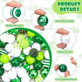 Poen 100 Pcs St. Patricks Day 20 mm Bubblegum Beads Set Bulk Mixed Saint Patrick's Day Green Beads for Jewelry Making Green White Chunky Necklace Craft Holiday Supplies