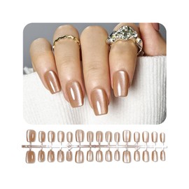 JODSONE 30PCS Nude Cat Eye Press on Nails Set Reusable Short Square Fake Nails Acrylic Diamond Shine Glossy Nature Stick on Nails for Women