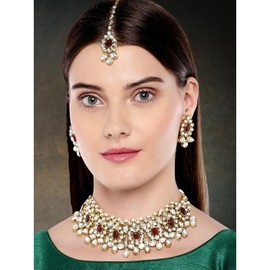Aheli Ethnic Traditional Faux Kundan Necklace Earrings Indian Wedding Party Fashion Jewellery for Women (Maroon)