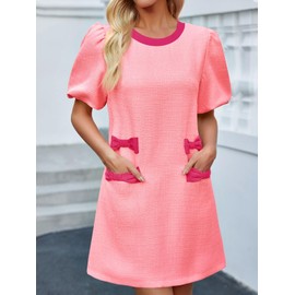 Wenrine Womens Summer Mini Dress Casual Tweed Short Sleeve Bow Work Business Dresses with Pockets Pink