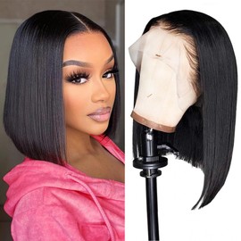 Bob Wig Human Hair 13x4 HD Straight Lace Front Wigs Human Hair Pre Plucked with Baby Hair for Black Woman 150% Density Wear and Go Glueless Bob Wigs Human Hair for Beginners(12, 1b#)