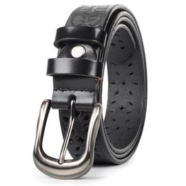 Women PU Leather Hollow Flower Belt Western Buckle Cowgirl Waist for Dress Jeans Pants Dresses, black