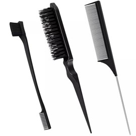 Vain 3 Pcs Plastic Bristle Hair Brush Set, Teasing Comb, Edge Brush, Rat Tail Comb (Black)