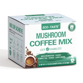 ECO-TASTE Mushroom Coffee Mix, Designed for Gut-Health with Chaga, Lion's Mane, Turkey Tail, Yacon and Probiotics – 12 Sachets