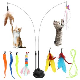 VINGVO 14PCS Juguetes para Gatos Interactivos, 2 Varas Teaser de Gato, 1 Taza Succión Extraíble Doble Cabeza, Variedad Cabezas de Reemplazo de Plumas, Satisfacer Necesidades de Juegos Gato