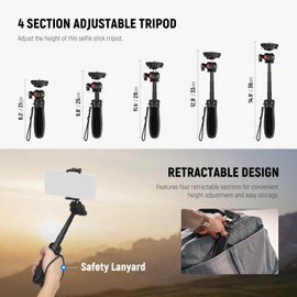 NEEWER TP38 Phone Camera Tripod, 15" Extendable Selfie Stick Metal Tripod Stand with Phone Holder, Action Camera Adapter Compatible with Hero 12 11 10 9, 360° Ball Head Travel Tripod for Vlogging