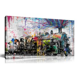 GUGIKA Large Wall Art for Living Room, Graffiti Train Canvas Wall Decor for Bedroom, Colorful Print Painting Picture Decoration, Size 59x29 Inches
