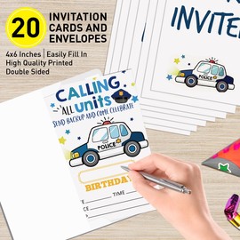 UDNADKEX Birthday Invitations for Boy Police with Envelopes, Invites for Birthday Party Police Officer Cop Car, Policeman Birthday Party Invite Cards, Calling All Units, 4"x6" Set of 20