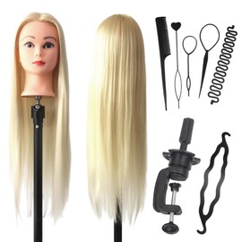 FGXY Real Hair Styling Head, Beauty Training Styling Headband Holder, Practice Head Hair Styling Tool Accessories Set, for Practicing Makeup, Hair Styling, Perming and Dyeing, etc(Beige)