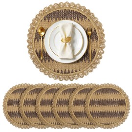 fanquare Boho Round Woven Placemats Set of 6, 15" Scalloped Party Chargers Farmhouse Rustic Braided Table Mats for Dining Room Kitchen