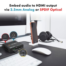 J-Tech Digital 18Gbps Digital/Analog Audio HDMI Embedder Inserter Support 4K@60Hz 4:4:4 HDR CEC HDCP2.2/1.4 with TOSLINK Optical 3.5mm Audio Input Options [JTECH-18GAEV2]