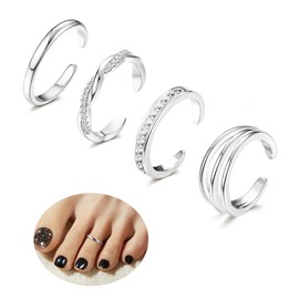 Auiremrti Set of 4 14-Carat Gold-Plated Toe Rings, White Gold-Plated Toe Rings for Women, Hug CZ, Triple Twisted, Simple Band, Open Toe Rings, Beach Foot Jewellery, Adjustable