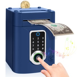 Highttoy Children's Money Box, Electronic Safe with Touchscreen and Fingerprint, ATM Password, Money Box, Piggy Bank, Children's Gifts, Boys 3-12 Years, Dark Blue