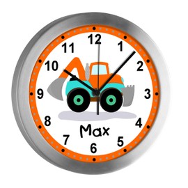 CreaDesign, WU-10-1084 Analogue Children's Room Radio-Controlled Clock with Customisable Name, Silent Children's Wall Clock with Aluminium Frame, Digger Motif