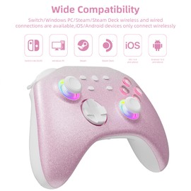 Mytrix Wireless Switch Controller fo Switch, Windows PC iOS Android Steam/Steam Deck, 7 Color RGB Lighting Pro Controller with Turbo, Motion, Vibration, Wake-Up, Headphone Jack (Gradient Pink)