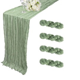 4 Pack Sage Green Cheesecloth Table Runner 35 x 120 Inch Boho Gauze Rustic Cheese Cloth Table Runner 10 FT Long Fabric Semi Sheer Table Runners for Romantic Wedding Birthday Party Table Decor