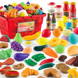 77 Pcs Grocery Store Pretend Play Food Set with Shopping Basket for Kids Toddlers 1-3 4-8, Kids Play Kitchen Accessories Plastic Fake Food Fruits and Vegetables Can Toy Gifts for Boys Girls