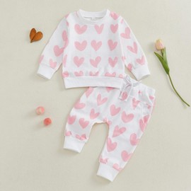 MAHUAOYIXI Toddler Baby Girls Outfits Love Heart Pattern Waffle Grid Long Sleeve Sweatshirt Pullover Top with Elastic Waist Pants Sets 2Pcs Baby Clothes for Little Girls Fall Winter (Pink, 3-4 Years)