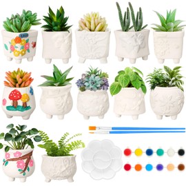Hushee 12 Sets Ceramic Animal Succulent Planters Paintable Succulent Plant Pots Small DIY Figurines Unpainted Succulent Pots with Drainage Hole Color Paints Paintbrushes Palettes(Flower)