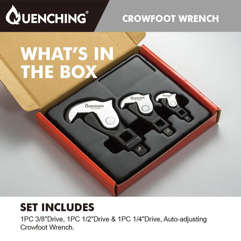 QUENCHING 3-Pcs Spring Loaded Auto-Adjusting Crowfoot Wrench Set, Covers Sizes