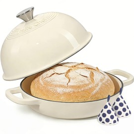 Enameled Round Cast Iron Bread Oven, 6 Qt Cast Iron Dutch Oven for Homemade Sourdough Bread Baking, Bread Pot with Dome Lid & Cotton Potholders (Cream White)
