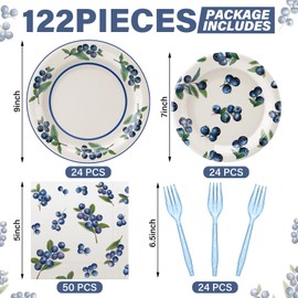 Havawish 122 Pcs/ 24 Set Blueberry Party Supplies Baby Shower Birthday Tableware Set Include 48 Disposable Blueberry Paper Plates 50 Cocktail Napkin 24 Fork for Summer Picnic Party Supply, Serve 24