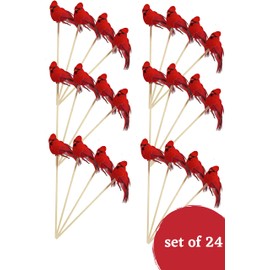 BANBERRY DESIGNS Cardinal Floral Picks - Set of 24 Small Red Velvet and Realistic Feathered Christmas Cardinals on a Wooden Stick - Artificial Birds for Crafts Decorating…