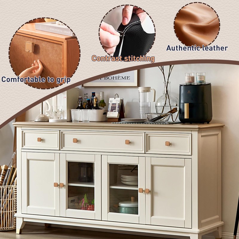 CcHhyyt 2 Pack Leather Cabinet Knobs Hand-Stitch White Round Leather