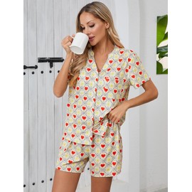 Famulily Short Pjs for Women Sets V Neck Button Down Sleepwear Cute Soft T-Shirt and Shorts Co Ord Sets Beige M