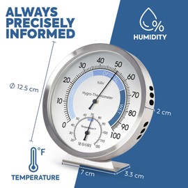 MAVORI Analog Hygrometer – Thermometer Hygrometer for Indoor – Premium Stainless Steel Humidity Gauge Indicator – Temperature and Humidity Monitor – Battery Free Operation – Ø 12.5 cm