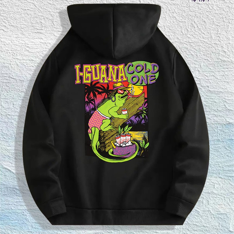 Iguana Cold One Tropical Graphic Hoodie 100% Cotton US Warehouse