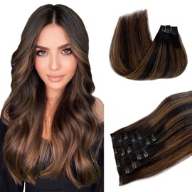 Belaved Hair Extensions Real Human Hair, Natural Black Mixed Chestnut Brown, Balayage Hair Extensions Clip in Human Hair Remy Clip in Hair Extensions Real Human Hair 16 Inch 70g 7pcs