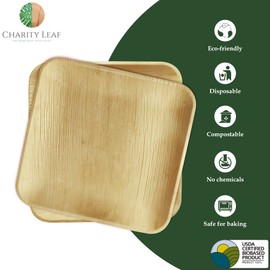 Charity Leaf Compostable 10" Square Palm Leaf Dinner Plates (50-pack) | Premium, 100% Natural, Disposable, Heavy Duty | Perfect for Parties, Weddings & Catering Events