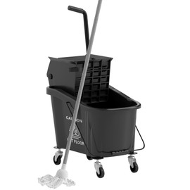 HOMCOM Mop Bucket with Wringer on Wheels for Floor Cleaning, 38 Quart Down Press Wringer with Handle and Mop, Black