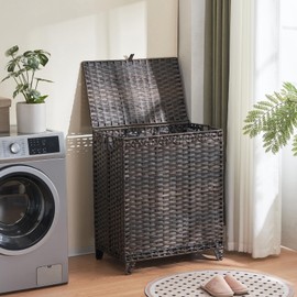 Laundry Hamper with Lid, 190L Large Laundry Basket 3 Section with 6 Removable Liner Bags & 3 Mesh Laundry Bags, Handwoven Rattan Clothes Hamper with Heightened Feet, No Install Needed, Brown