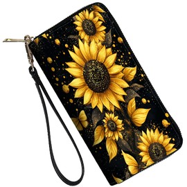 ZXYBNMLE RFID Blocking Leather Wallet for Women – Large Capacity Zip Around Clutch with 8 Card Slots,29 Cash Pockets & Coin Zipper,Sunflower