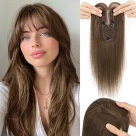 S-noilite Hair Toppers for Women with Bangs Real Human Hair 360° 3D Cover Clip in Bangs 2X6 Coverage Clip in Hairpiece for Women with Thinning Hairline 14Inch(Dark Brown)