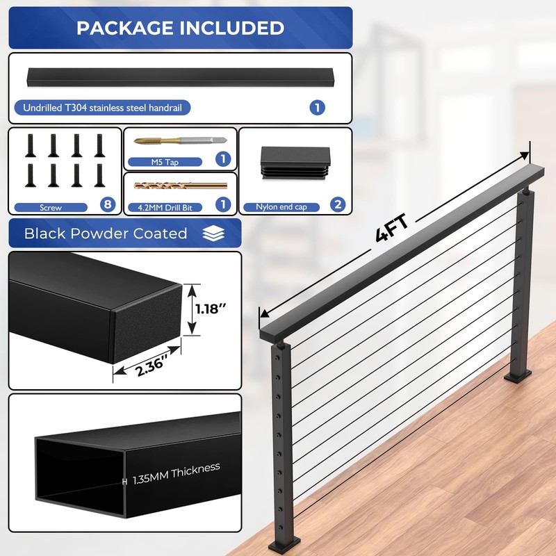 Zylorix 1Pack 4FT Stainless Steel Black Handrail for Cable Railing