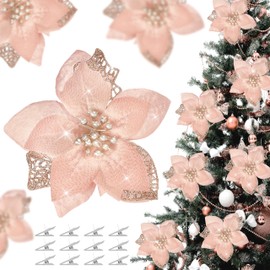 36 Pcs Christmas Glitter Poinsettia Flowers Artificial Poinsettia Ornaments Fake Flower Christmas Tree Decorations Glitzy Poinsettia with Clips for DIY Xmas Wreaths Holiday Home Party Decor(Rose Gold)