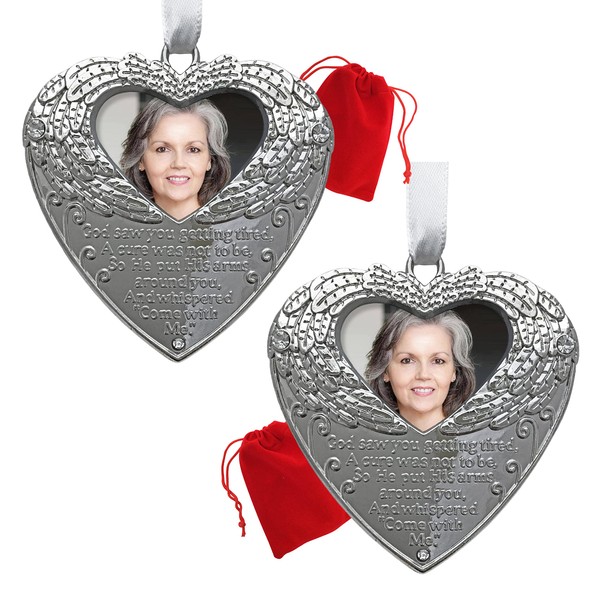 BANBERRY DESIGNS Heart Shaped Photo Ornament with Angel Wings and Touching Poem Gift Bereavement Sympathy Remembrance Jeweled Filigree Metal - 2 Pack - Gift/Storage Bag Included