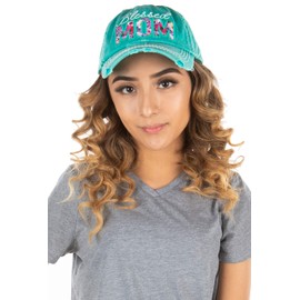 Funky Junque Women's Distressed Vintage Baseball Cap, Embroidered Cool Mom Hat with Saying, Unconstructed, Adjustable - Blessed Mom - Teal