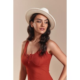 Joywant Womens Straw Fedora Beach Sun Hat, Packable Wide Brim Summer Panama Hats for Women (Large, Ivory)