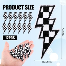 12pcs Checkered Lightning Bolt Patches, Sew on Flash Patch Racing Embroidery Patches Checkered Lightning Iron on Stickers Decals for Jackets Hats Bags Clothes Decoration